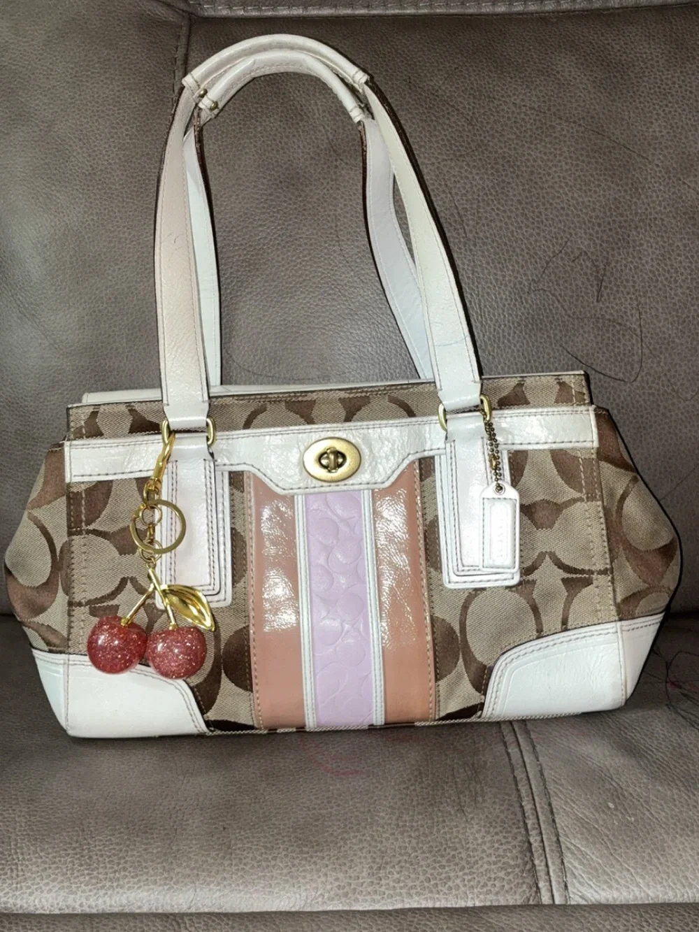 Coach Signature Canvas Tote with Pink and Brown Stripes - Picture 3 of 8